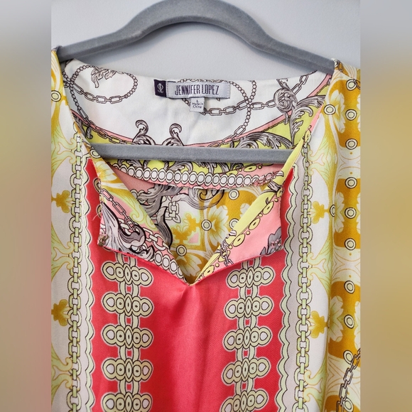 Jennifer Lopez Colorful Print Silky 3/4 Sleeves Summer Fashion Dress sz L - Picture 12 of 13